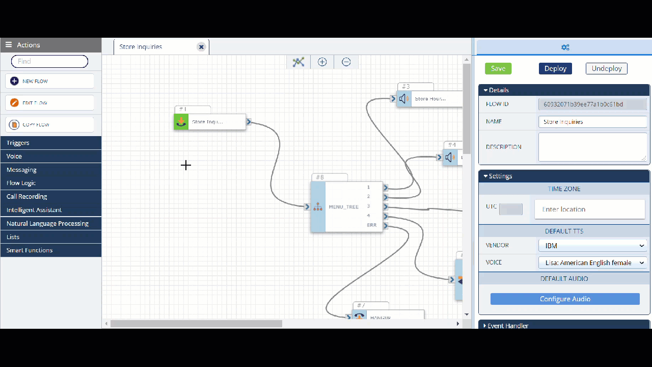 This gif shows a sample flow and a number being assigned to an Inbound Call trigger action